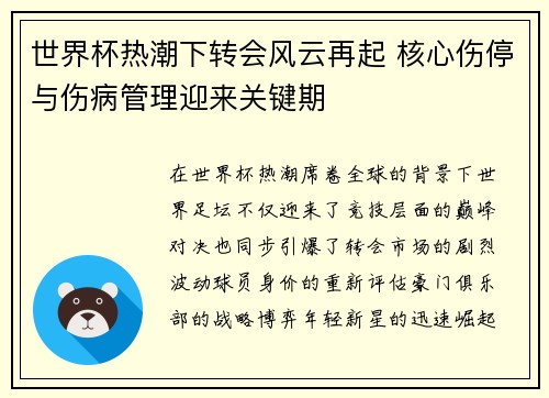 世界杯热潮下转会风云再起 核心伤停与伤病管理迎来关键期
