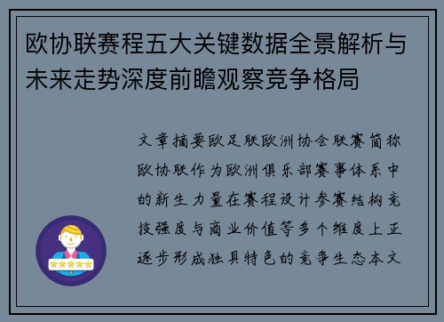 欧协联赛程五大关键数据全景解析与未来走势深度前瞻观察竞争格局